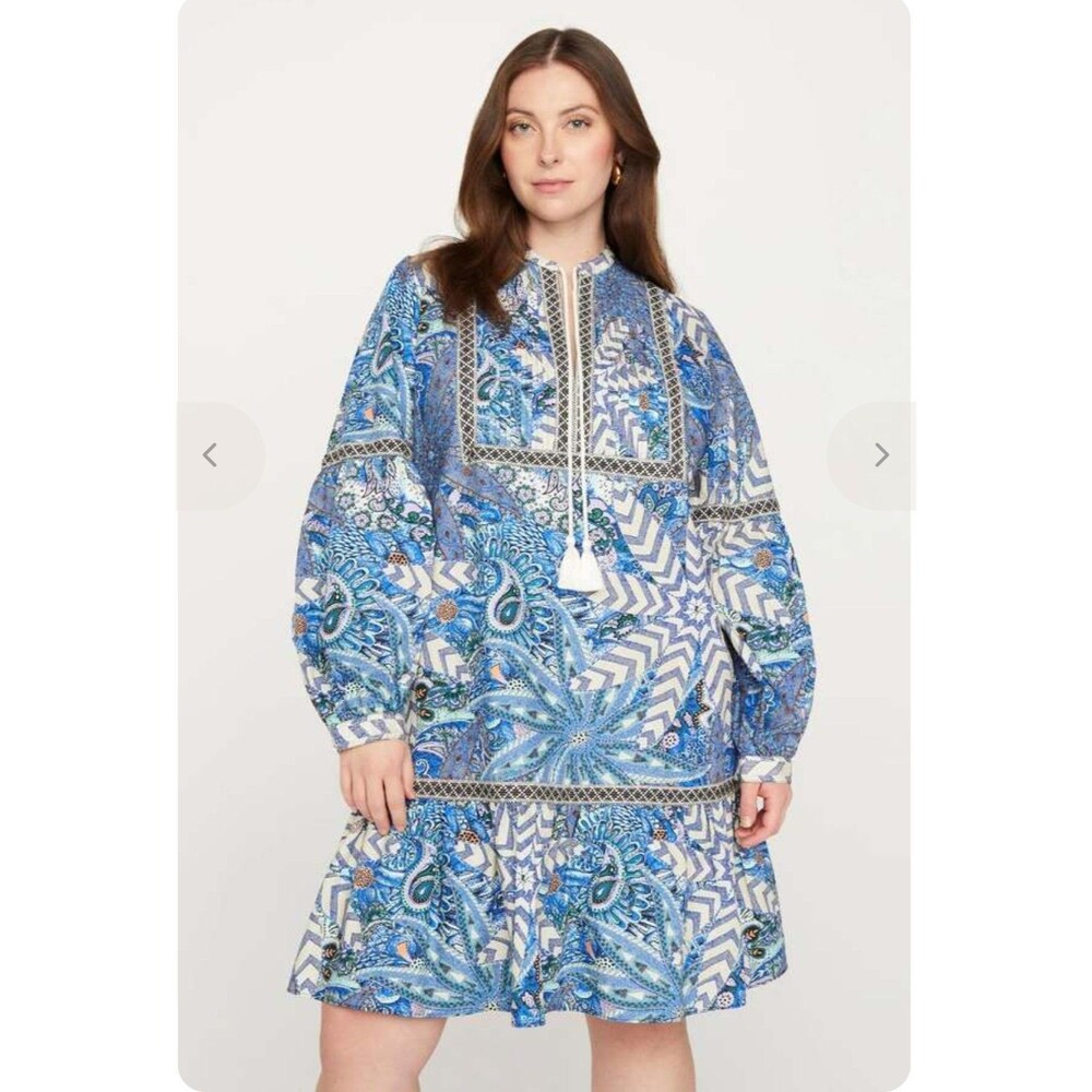 Marie Oliver Mimi Mini Flounce Hem Cotton Tassel Dress Blue Anise Breeze 1X Plus